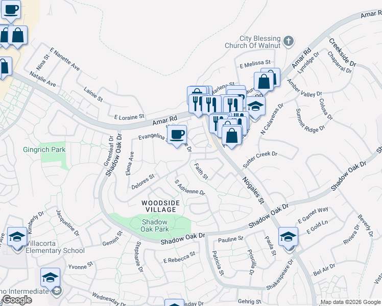 map of restaurants, bars, coffee shops, grocery stores, and more near 816 Francesca Drive in West Covina