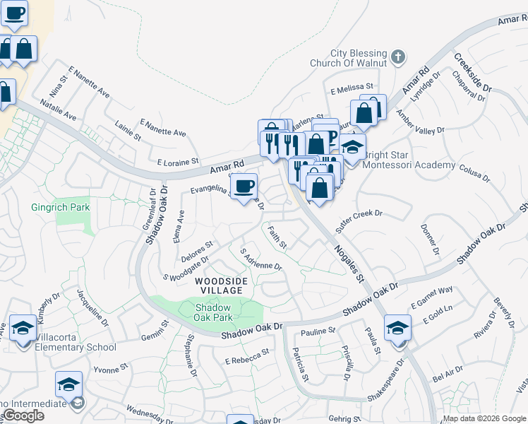 map of restaurants, bars, coffee shops, grocery stores, and more near 828 Francesca Drive in West Covina