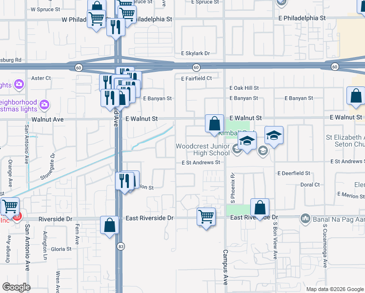 map of restaurants, bars, coffee shops, grocery stores, and more near 2726 South Pleasant Avenue in Ontario