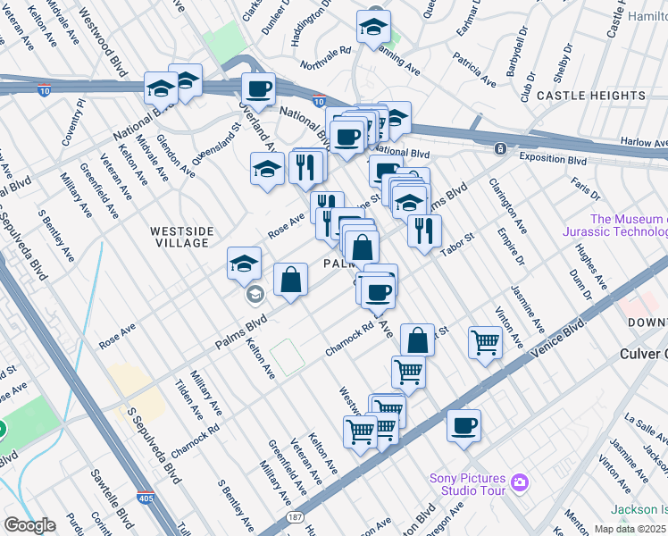map of restaurants, bars, coffee shops, grocery stores, and more near in Los Angeles