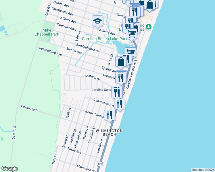 map of restaurants, bars, coffee shops, grocery stores, and more near 916 Oceanward Lane in Carolina Beach