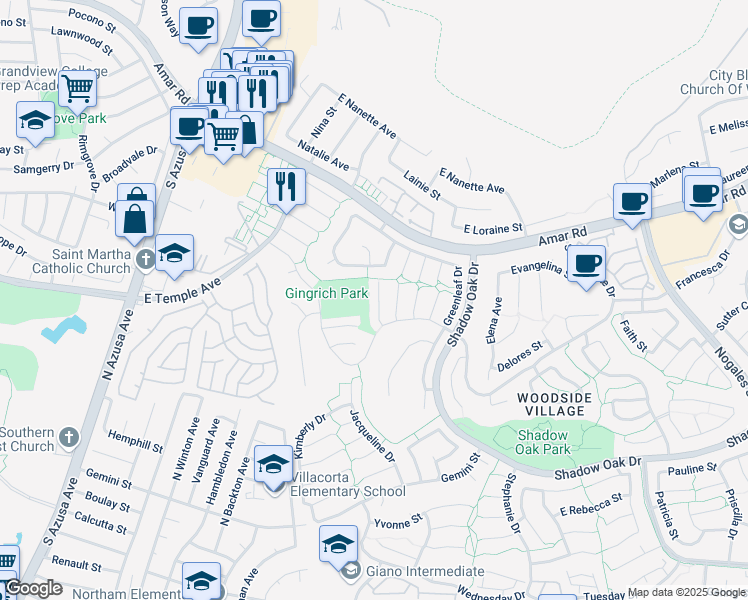 map of restaurants, bars, coffee shops, grocery stores, and more near 2645 Greenborough Place in West Covina