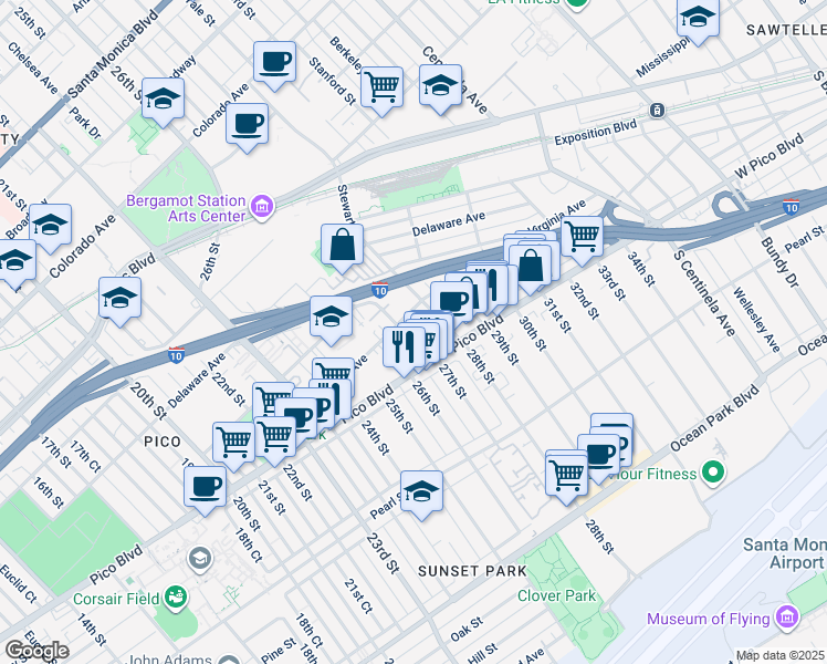 map of restaurants, bars, coffee shops, grocery stores, and more near 2624 Kansas Avenue in Santa Monica