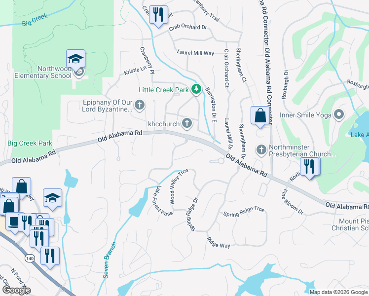 map of restaurants, bars, coffee shops, grocery stores, and more near 10085 Lake Forest Way in Roswell
