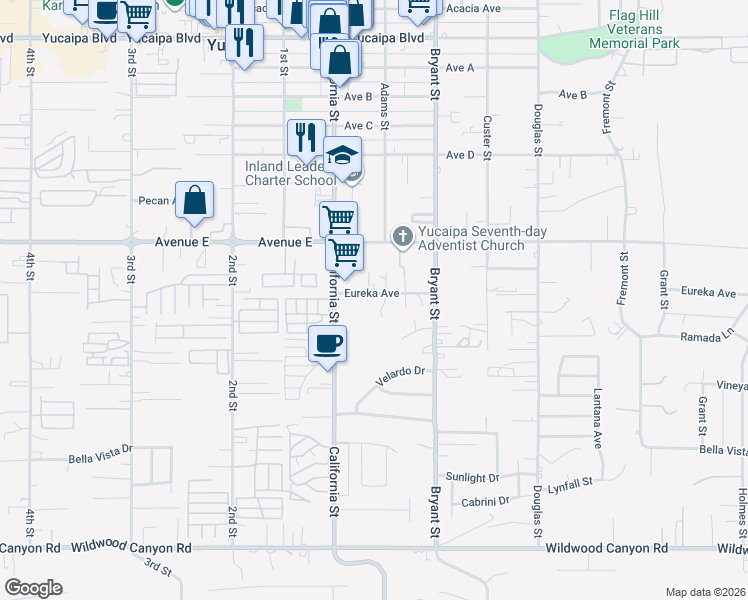 map of restaurants, bars, coffee shops, grocery stores, and more near 35181 Eureka Avenue in Yucaipa