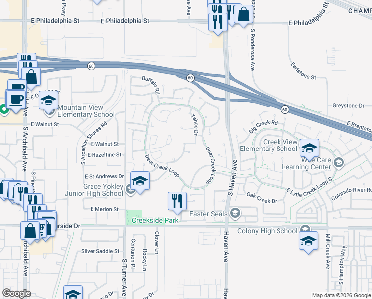 map of restaurants, bars, coffee shops, grocery stores, and more near 3266 Ashgate Court in Ontario