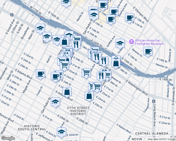 map of restaurants, bars, coffee shops, grocery stores, and more near 1019 1/2 East 21st Street in Los Angeles