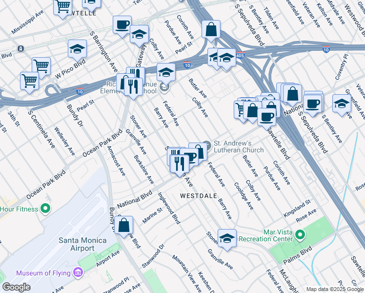 map of restaurants, bars, coffee shops, grocery stores, and more near 2800 Barry Avenue in Los Angeles
