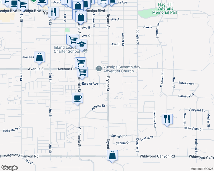 map of restaurants, bars, coffee shops, grocery stores, and more near 12614 Bryant Street in Yucaipa