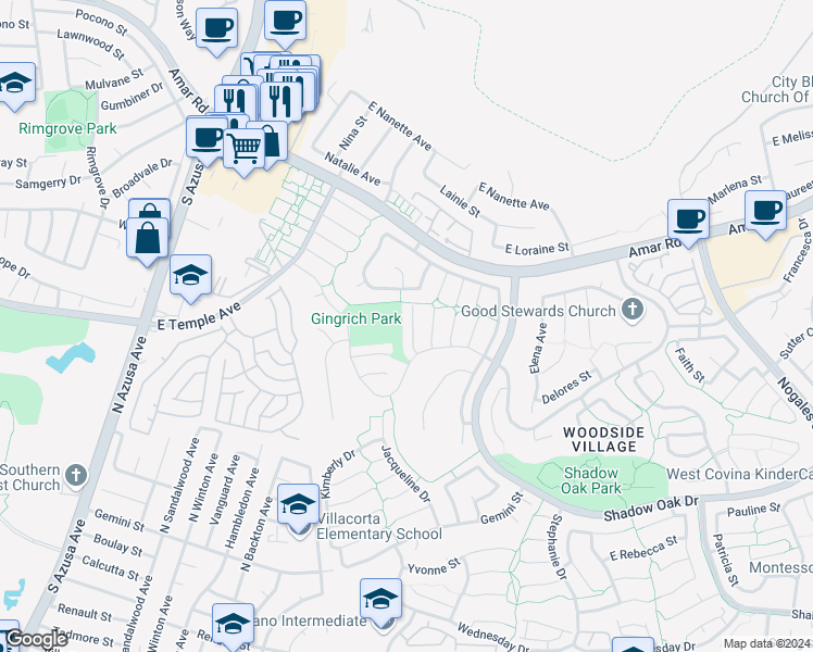 map of restaurants, bars, coffee shops, grocery stores, and more near 2645 Greenborough Place in West Covina