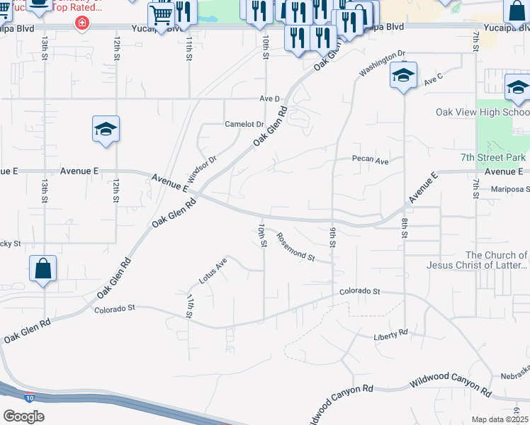 map of restaurants, bars, coffee shops, grocery stores, and more near 33302 Golden Meadow Court in Yucaipa