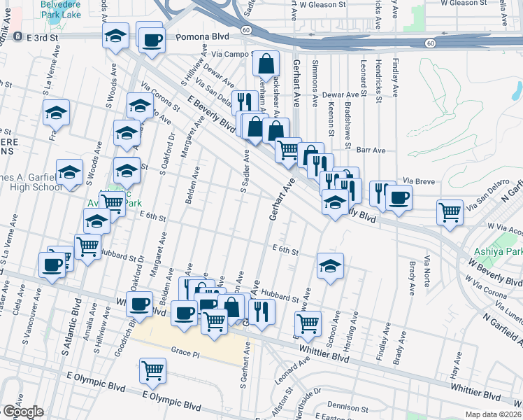 map of restaurants, bars, coffee shops, grocery stores, and more near 520 Williamson Avenue in East Los Angeles