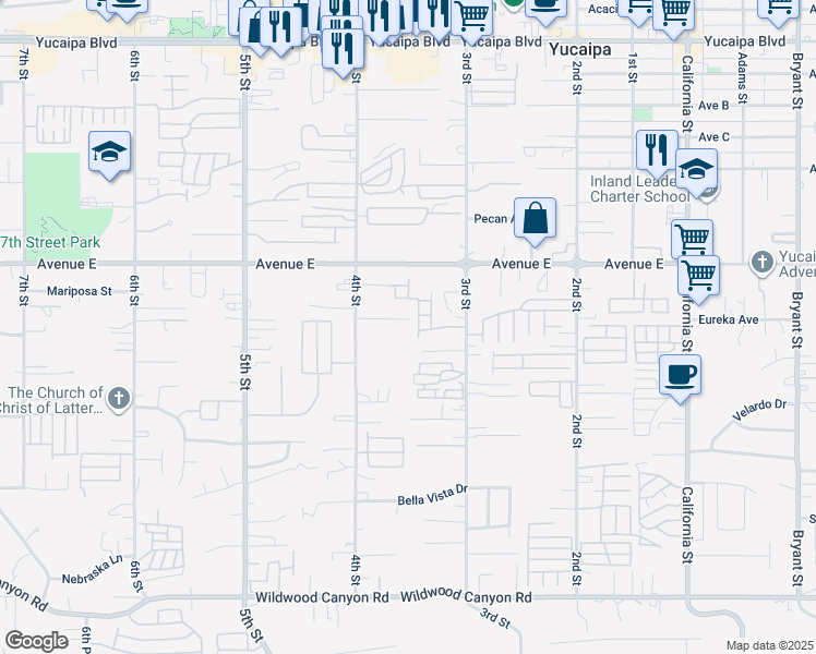 map of restaurants, bars, coffee shops, grocery stores, and more near 34589 Eureka Avenue in Yucaipa
