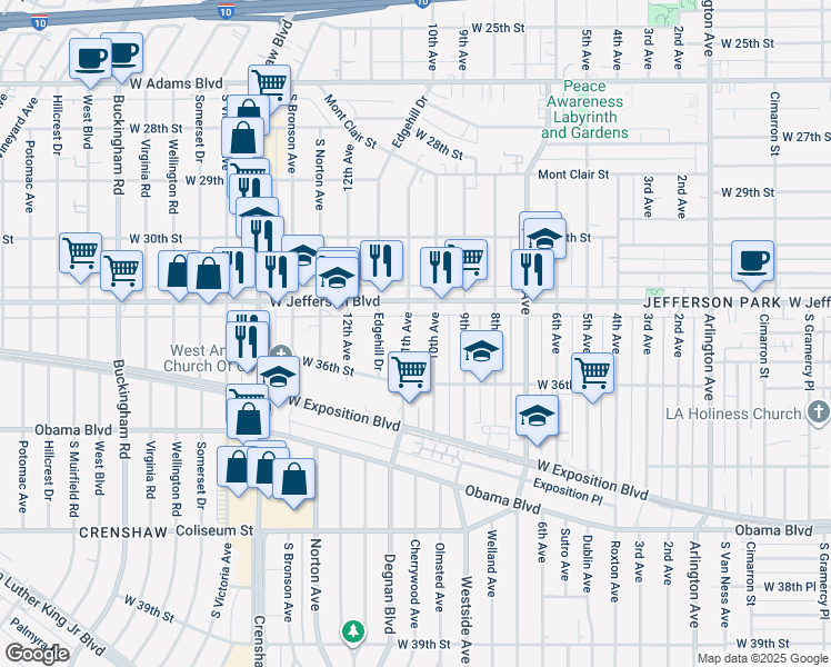 map of restaurants, bars, coffee shops, grocery stores, and more near 3430 11th Avenue in Los Angeles