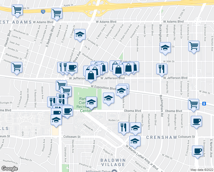 map of restaurants, bars, coffee shops, grocery stores, and more near 4729 West Exposition Boulevard in Los Angeles