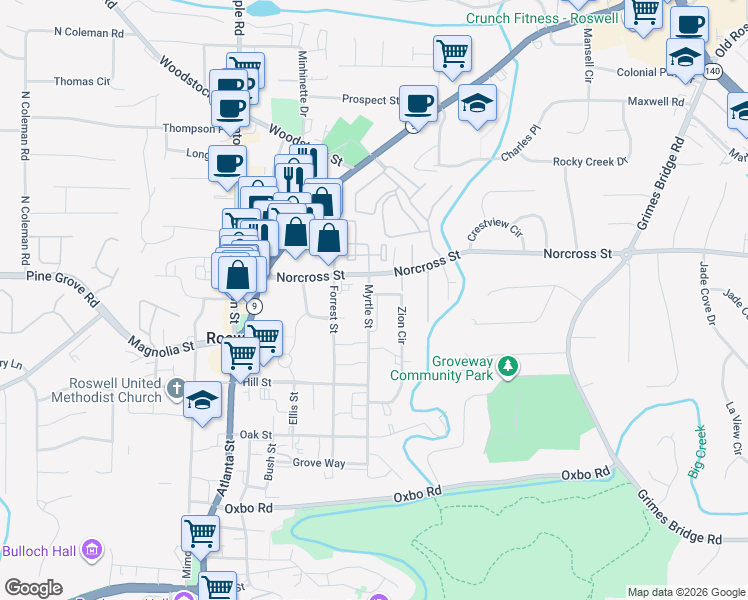 map of restaurants, bars, coffee shops, grocery stores, and more near 955 Myrtle Street in Roswell