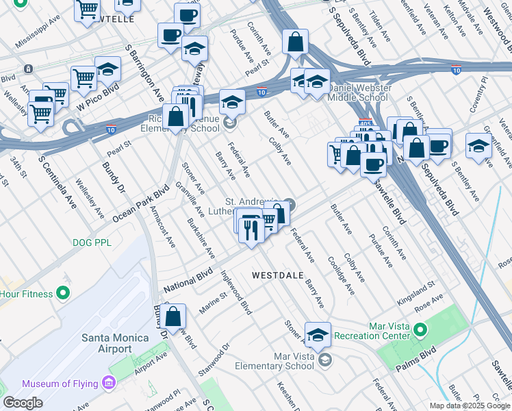 map of restaurants, bars, coffee shops, grocery stores, and more near 2800 Barry Avenue in Los Angeles