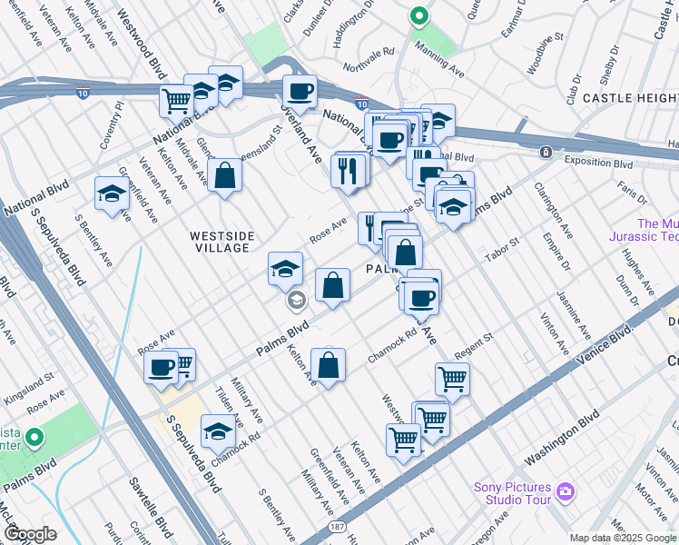 map of restaurants, bars, coffee shops, grocery stores, and more near 3406 Glendon Avenue in Los Angeles