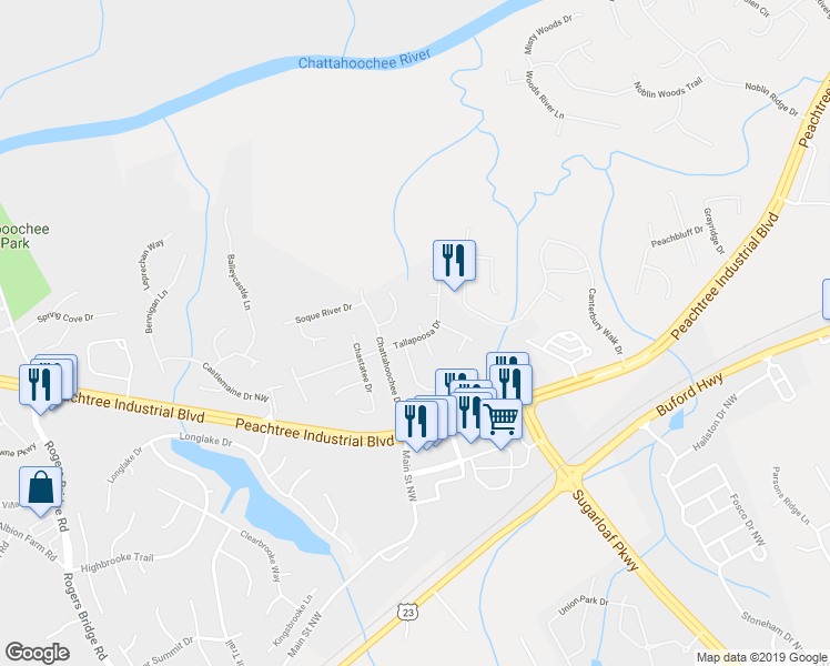 map of restaurants, bars, coffee shops, grocery stores, and more near 2187 Tallapoosa Drive in Duluth