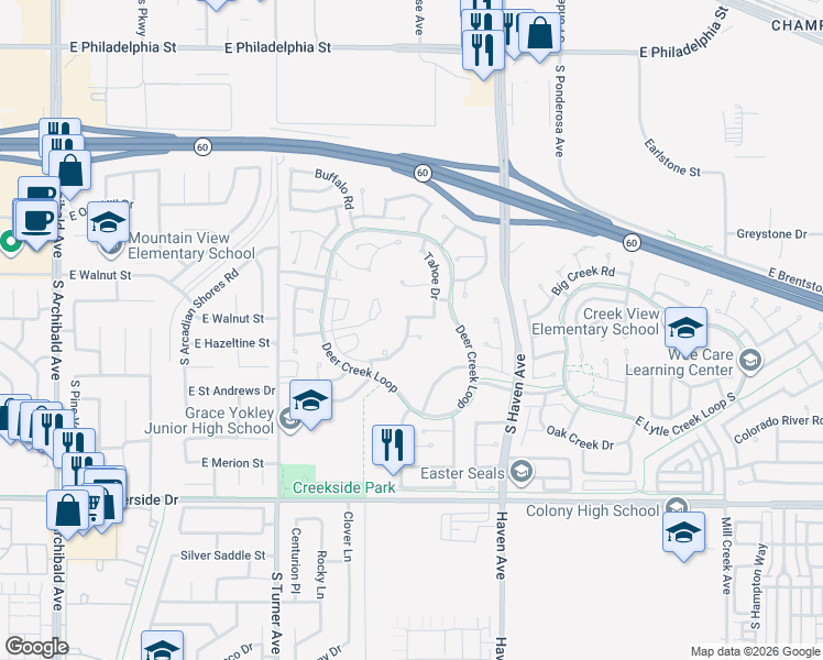map of restaurants, bars, coffee shops, grocery stores, and more near 3266 Ashgate Court in Ontario