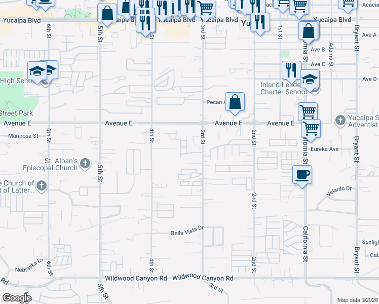 map of restaurants, bars, coffee shops, grocery stores, and more near 12618 3rd Street in Yucaipa
