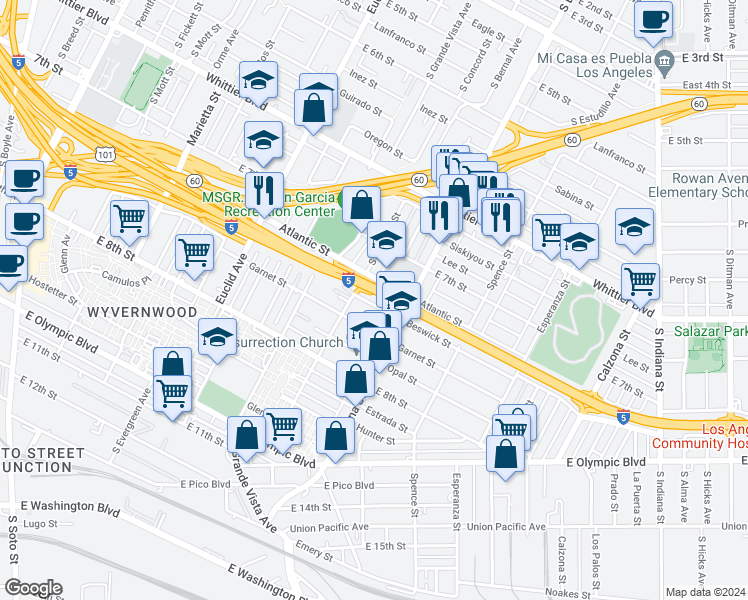 map of restaurants, bars, coffee shops, grocery stores, and more near 3325 Beswick St in Los Angeles