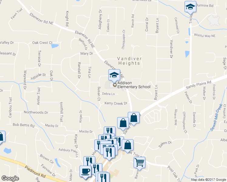 map of restaurants, bars, coffee shops, grocery stores, and more near 2015 Debra Lane in Marietta