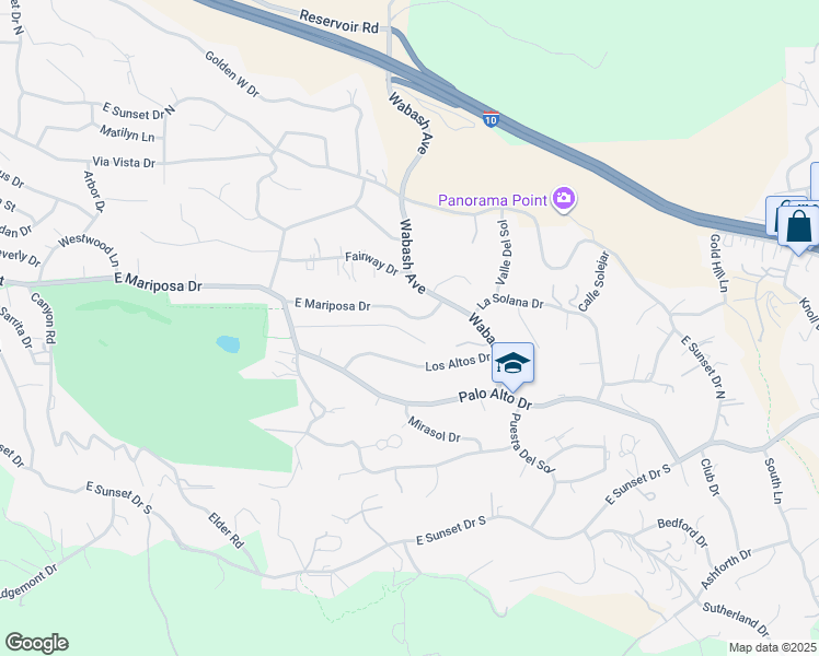 map of restaurants, bars, coffee shops, grocery stores, and more near 652 East Mariposa Drive in Redlands