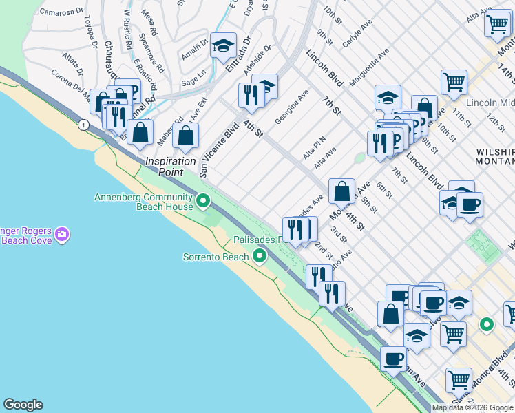 map of restaurants, bars, coffee shops, grocery stores, and more near 201 Ocean Avenue Extension in Santa Monica