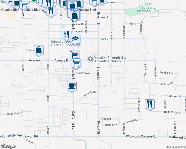 map of restaurants, bars, coffee shops, grocery stores, and more near 35259 Eureka Avenue in Yucaipa