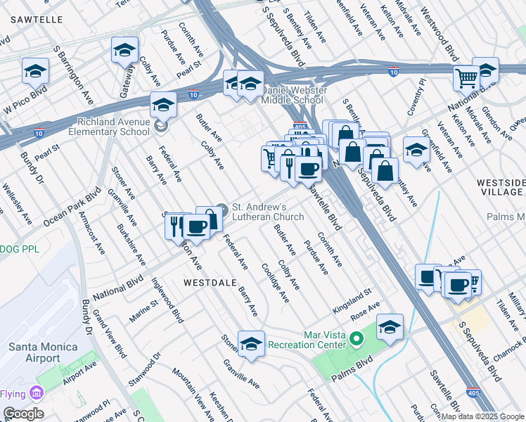 map of restaurants, bars, coffee shops, grocery stores, and more near 11428 National Boulevard in Los Angeles
