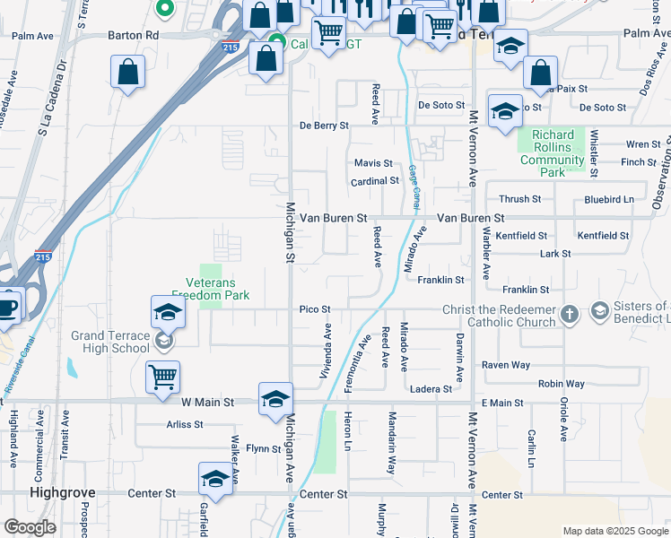 map of restaurants, bars, coffee shops, grocery stores, and more near 22196 Emerald Street in Grand Terrace