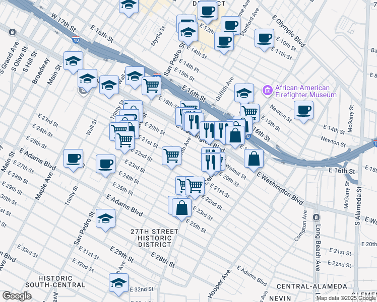 map of restaurants, bars, coffee shops, grocery stores, and more near 1114 East 20th Street in Los Angeles