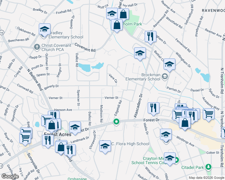 map of restaurants, bars, coffee shops, grocery stores, and more near 1925 Stanley Street in Columbia