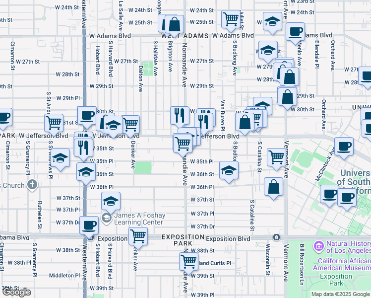 map of restaurants, bars, coffee shops, grocery stores, and more near S Normandie Ave & W 35th St in Los Angeles