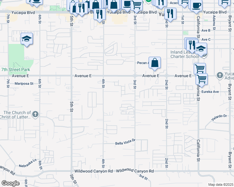 map of restaurants, bars, coffee shops, grocery stores, and more near 34589 Eureka Avenue in Yucaipa