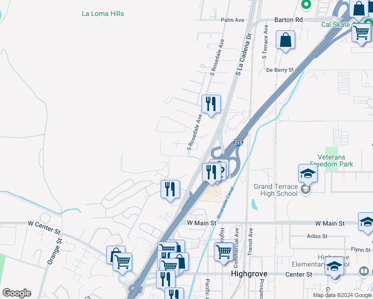 map of restaurants, bars, coffee shops, grocery stores, and more near 221 Maryknoll Drive in Colton