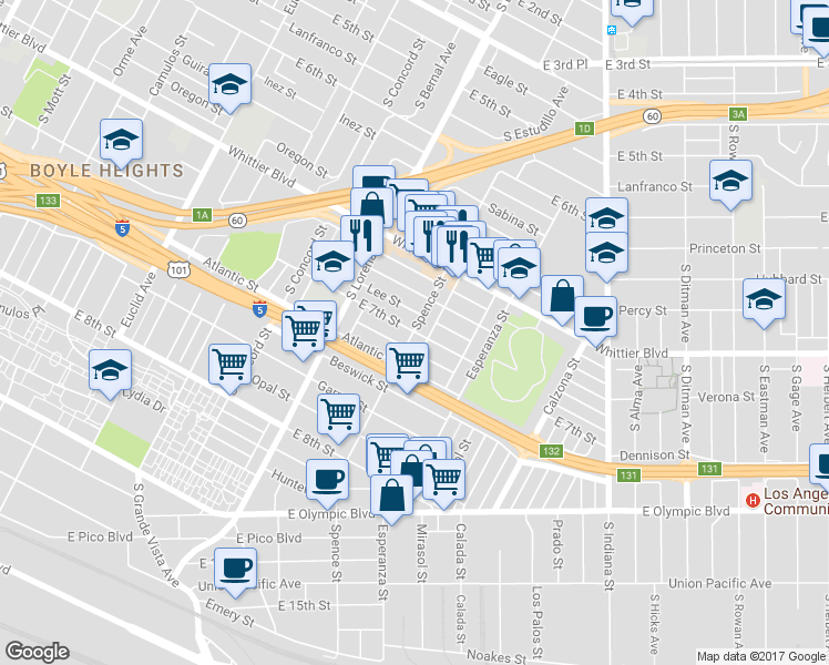 map of restaurants, bars, coffee shops, grocery stores, and more near 3476 East 7th Street in Los Angeles