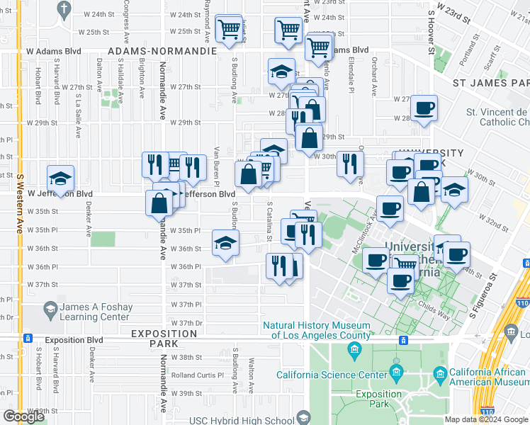map of restaurants, bars, coffee shops, grocery stores, and more near 3430 Walton Avenue in Los Angeles