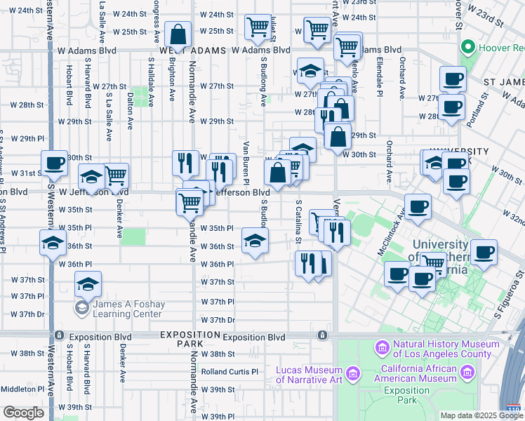 map of restaurants, bars, coffee shops, grocery stores, and more near 3505 Budlong Avenue in Los Angeles