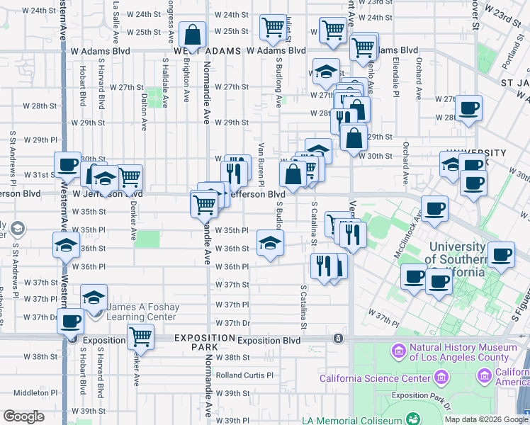 map of restaurants, bars, coffee shops, grocery stores, and more near 1300 West 35th Street in Los Angeles