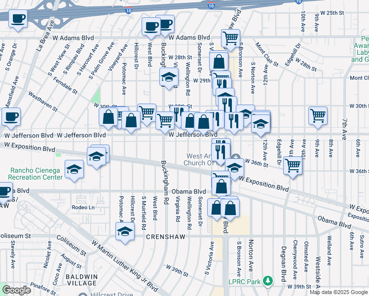 map of restaurants, bars, coffee shops, grocery stores, and more near 3506 Wellington Road in Los Angeles