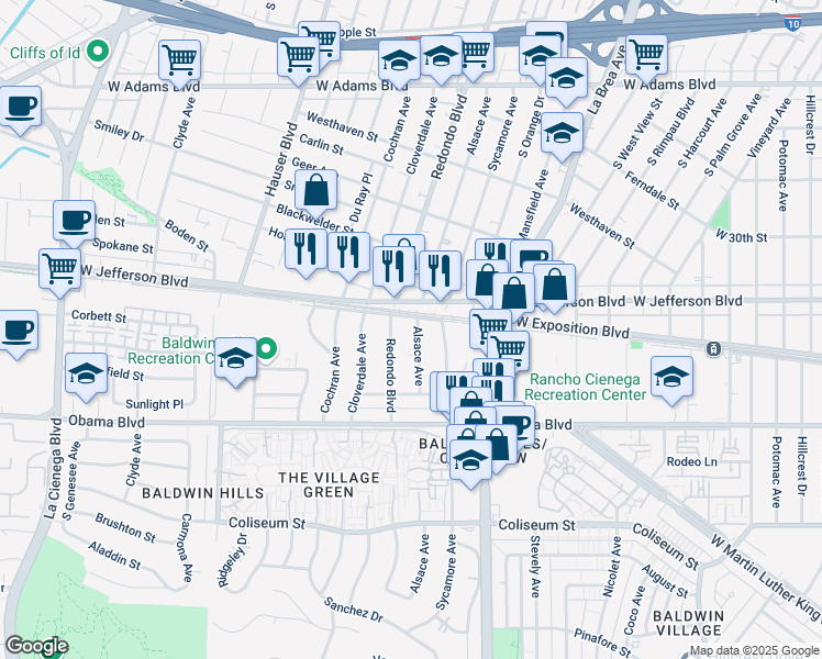 map of restaurants, bars, coffee shops, grocery stores, and more near 3430 South Redondo Boulevard in Los Angeles