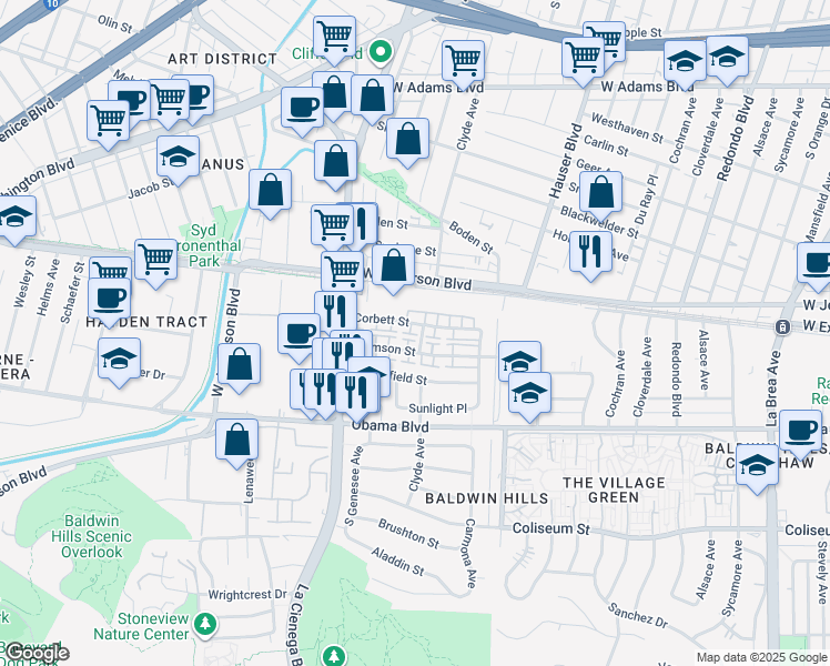 map of restaurants, bars, coffee shops, grocery stores, and more near 5708 Corbett Street in Los Angeles
