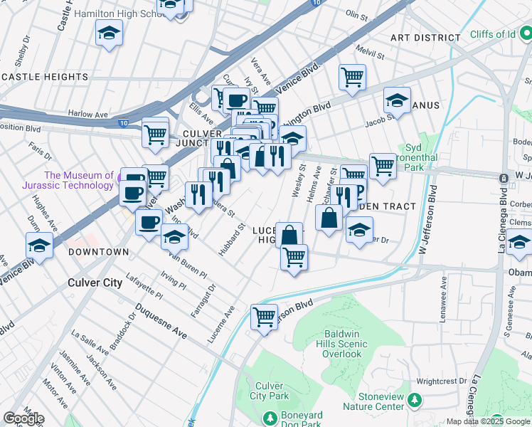 map of restaurants, bars, coffee shops, grocery stores, and more near 8932 Carson Street in Culver City