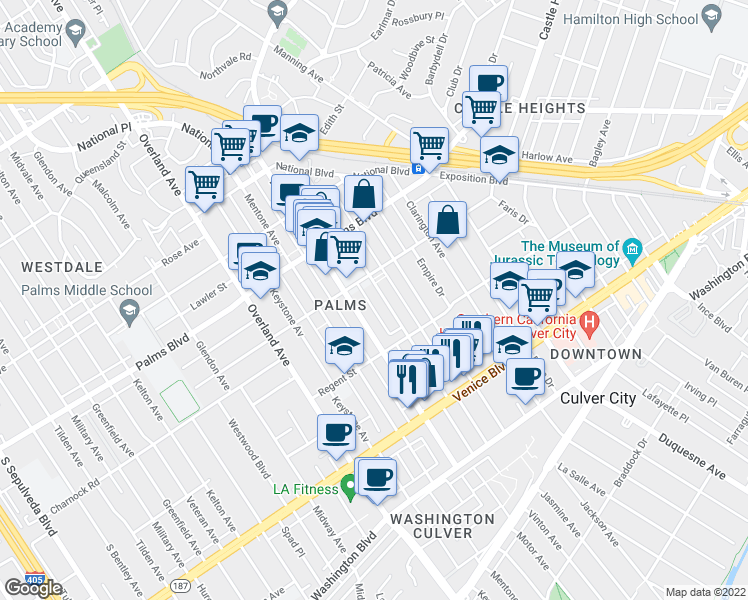 map of restaurants, bars, coffee shops, grocery stores, and more near 3645 Vinton Avenue in Los Angeles