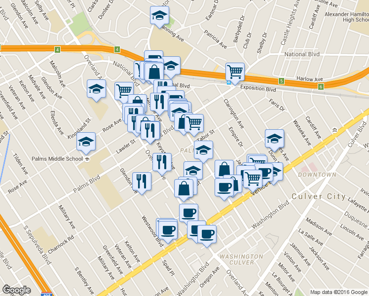 map of restaurants, bars, coffee shops, grocery stores, and more near 3568 Mentone Avenue in Los Angeles