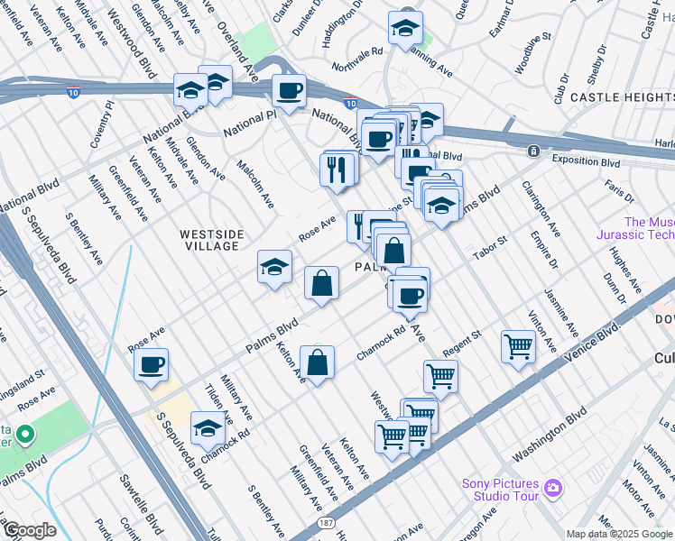 map of restaurants, bars, coffee shops, grocery stores, and more near 10740 Lawler Street in Los Angeles