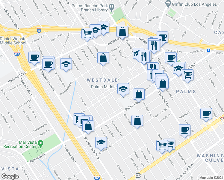 map of restaurants, bars, coffee shops, grocery stores, and more near 10866 Rose Avenue in Los Angeles