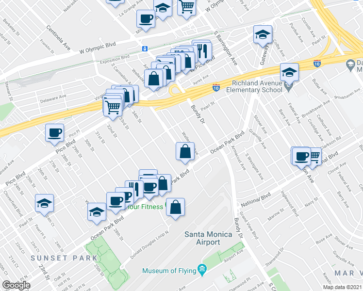map of restaurants, bars, coffee shops, grocery stores, and more near 2571 Wellesley Avenue in Los Angeles